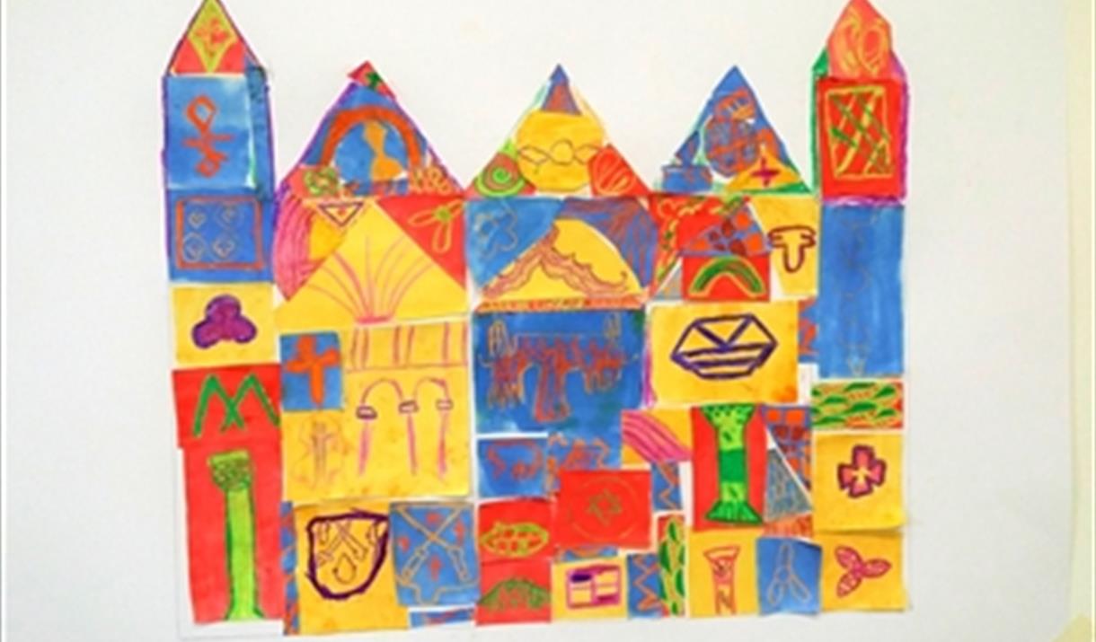 A bright collage of Peterborough Cathedral made of children's drawings.