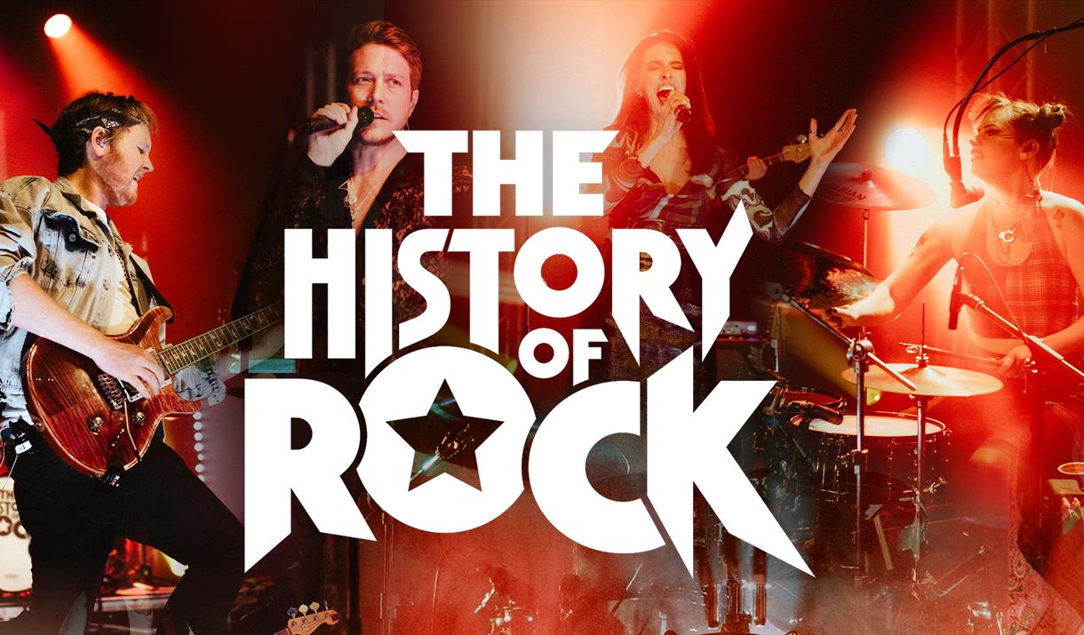 Band plays behind white text reading The History of Rock