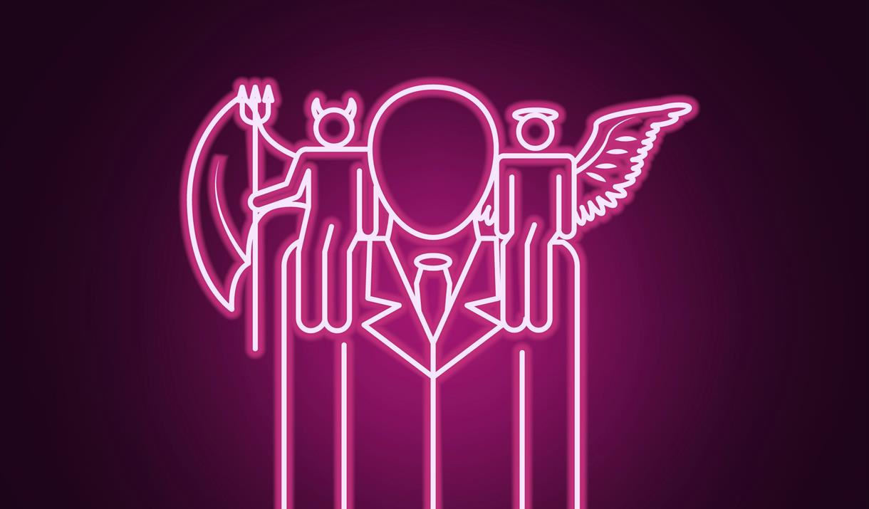 A neon pink outline of a man with a devil and an angel on each shoulder