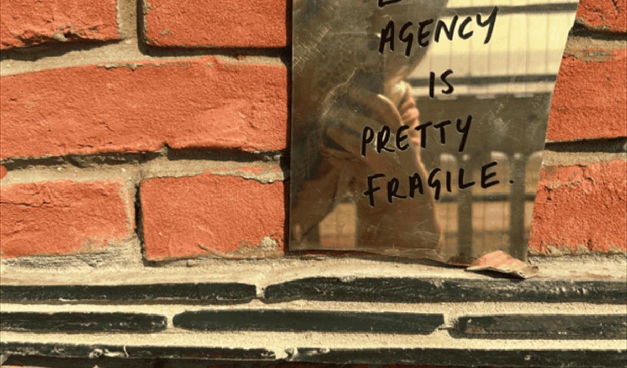 A brick wall featuring a piece of mirror reflecting a woman holding a phone