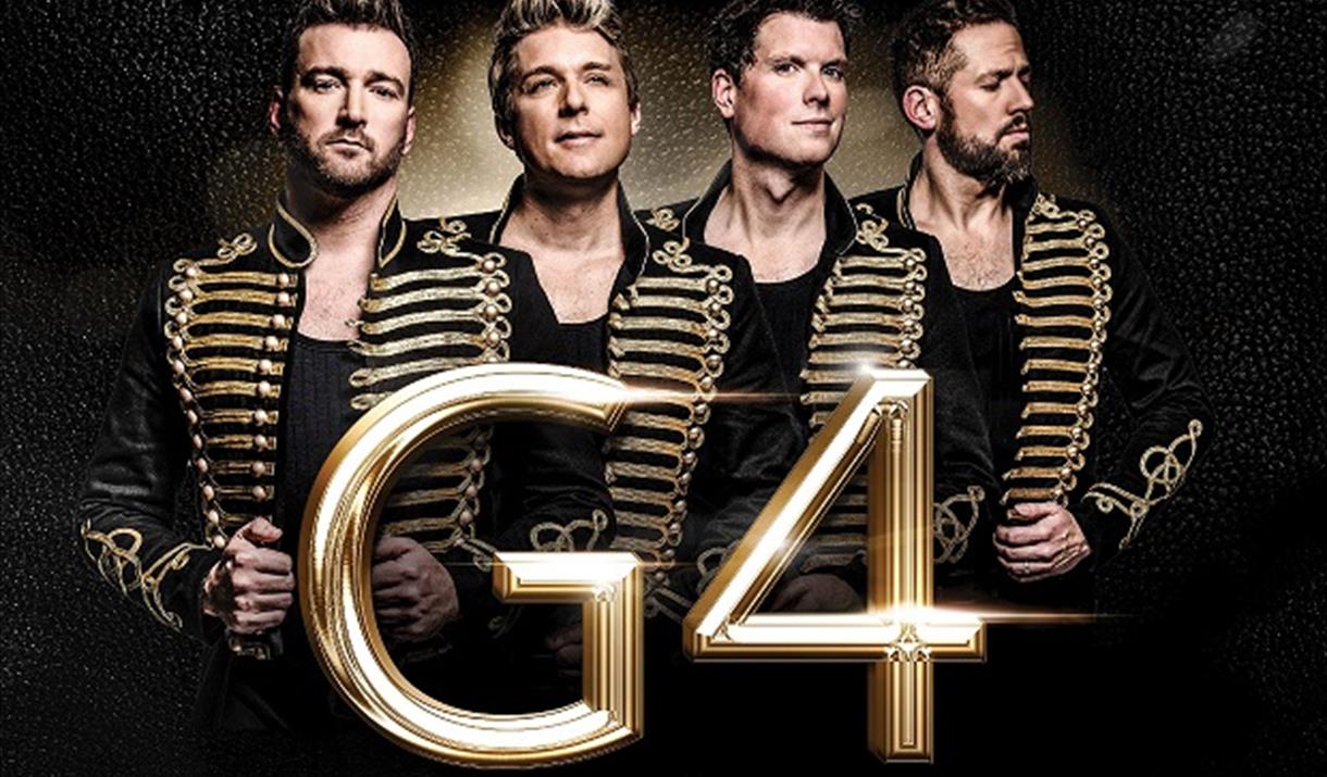 The UK's No1 vocal harmony quartet and original X Factor stars, G4, against a black background. Gold text reads 'Phantoms of the Popera G4, the bigges