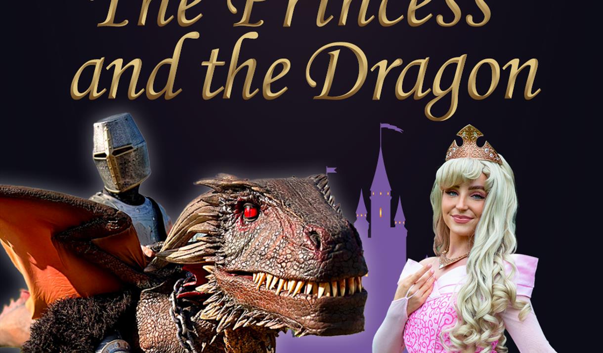 A knight riding a dragon, standing next to Princess Aurora. Against a black background with a silhouette of a purple castle, with the text 'Fairytales