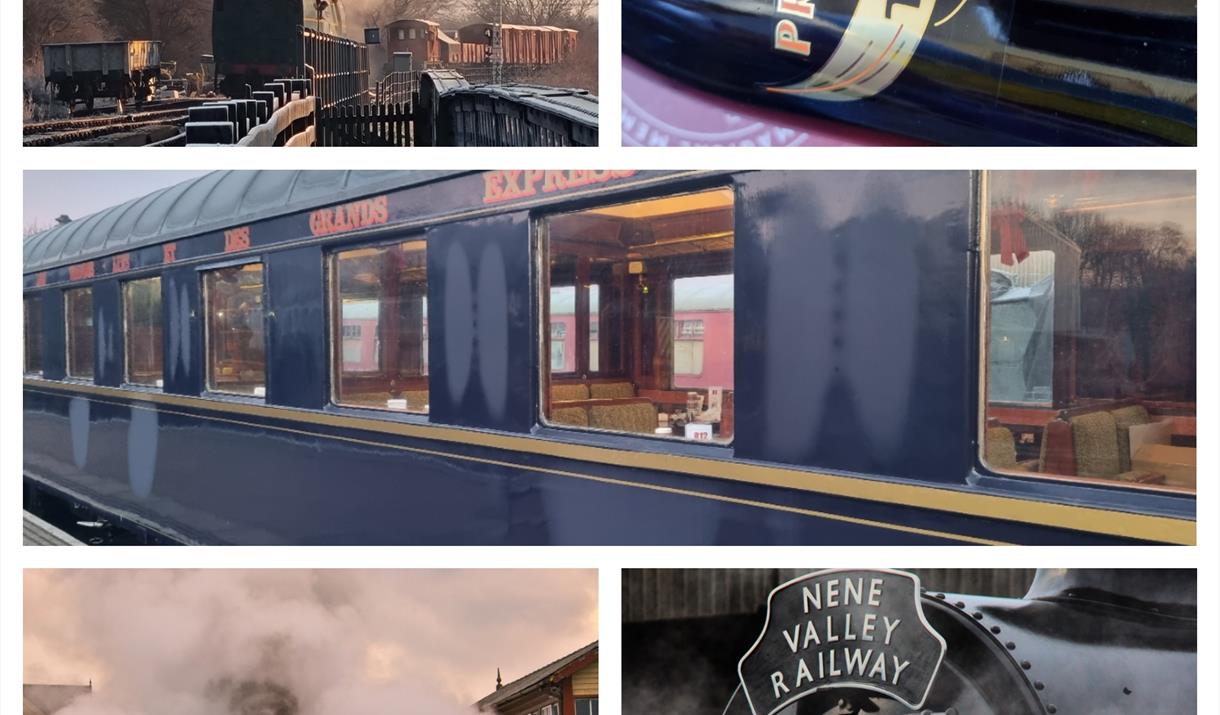 There are 5 images, 4 showing steam trains held at Nene Valley Railways surrounded by smoke and a bottle of prosecco.