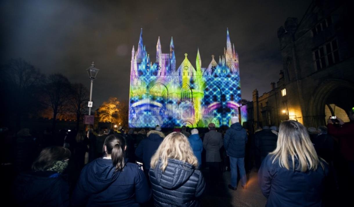 The Beginning by Luxmuralis light show at Peterborough Cathedral