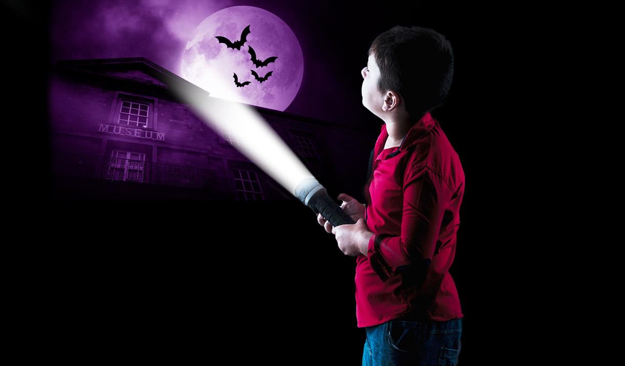 Child shining torchlight onto Peterborough Museum frontage and a full moon with bats silhouetted in front