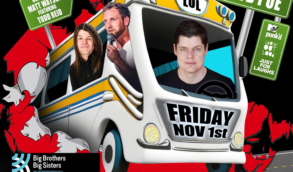 An image of the comedians performing, inside a cartoon bus. Text reads: The Great Canadian Comedy Caravan - laugh your face off with television writer