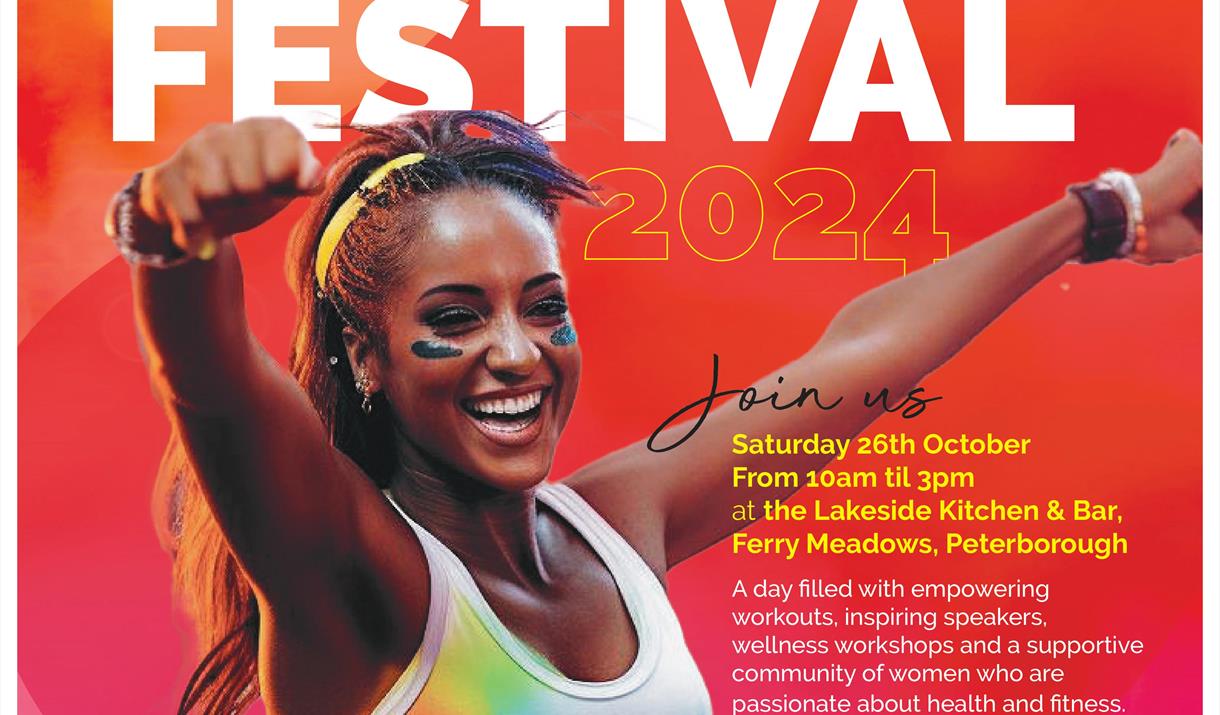 Image of a woman in gym gear smiling on an orange and pink background. Text reads: Female fitness festival 2024.