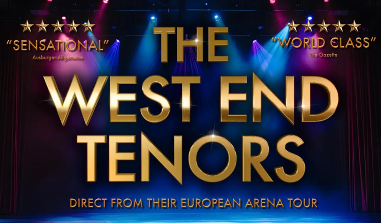 Image of a stage with blue and purple lighting. Text reads: The West End Tenors, direct from their European Arena Tour.