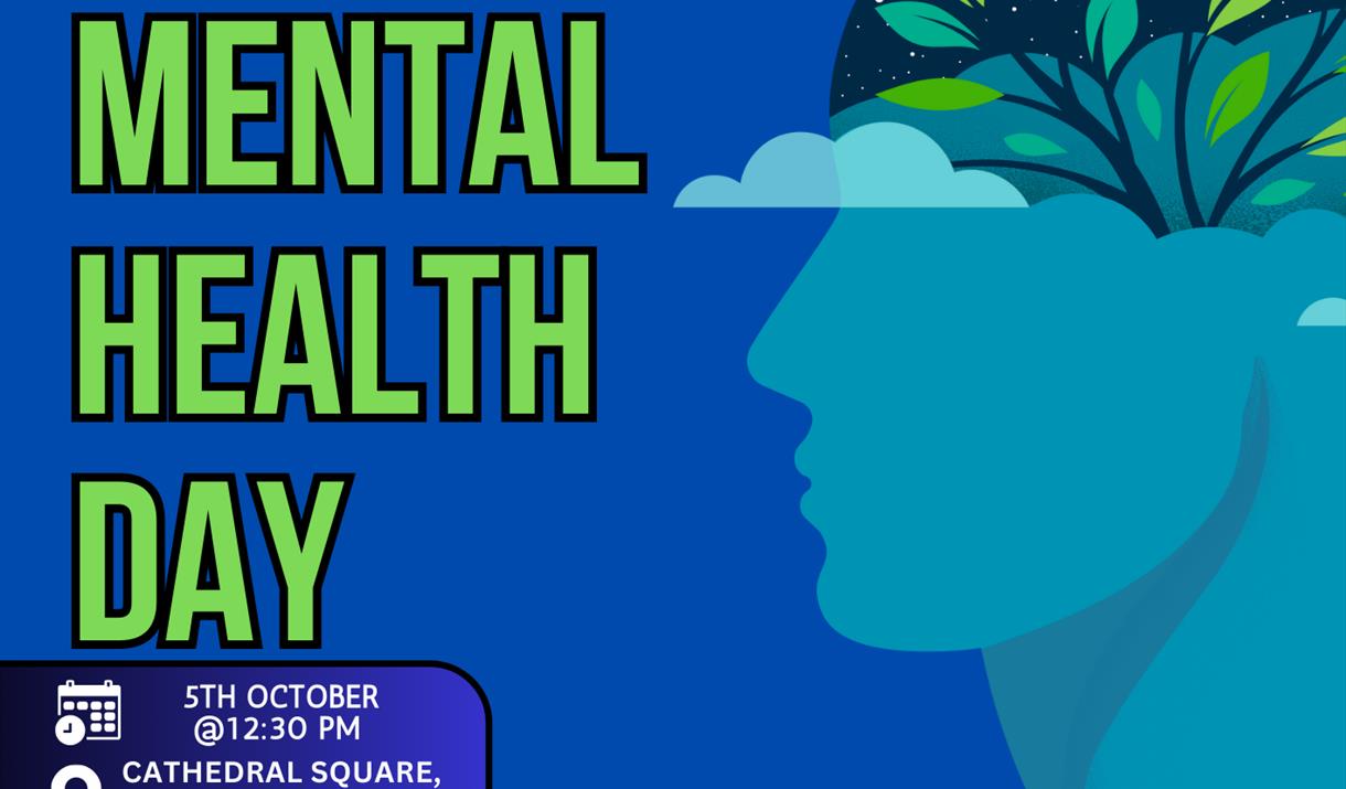 Blue background with a graphic of a head with a plant growing from it. Text reads: World Mental Health Day