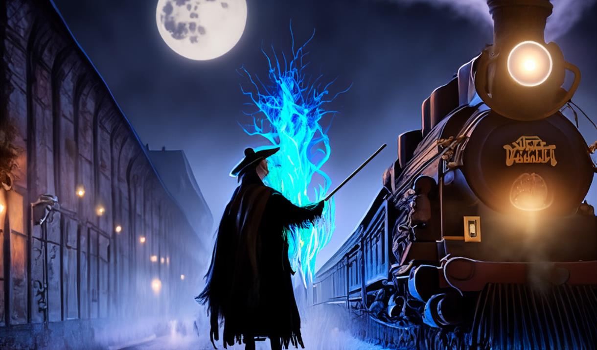 Wizard pointing his wand to a train