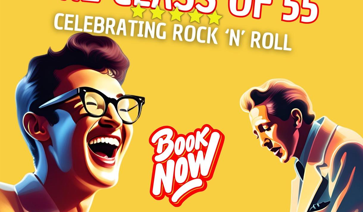 Rock 'n' Roll legends against a yellow background. Text reads 'From the producers of the Roy Orbison story, the class of 55 celebrating rock 'n' roll.