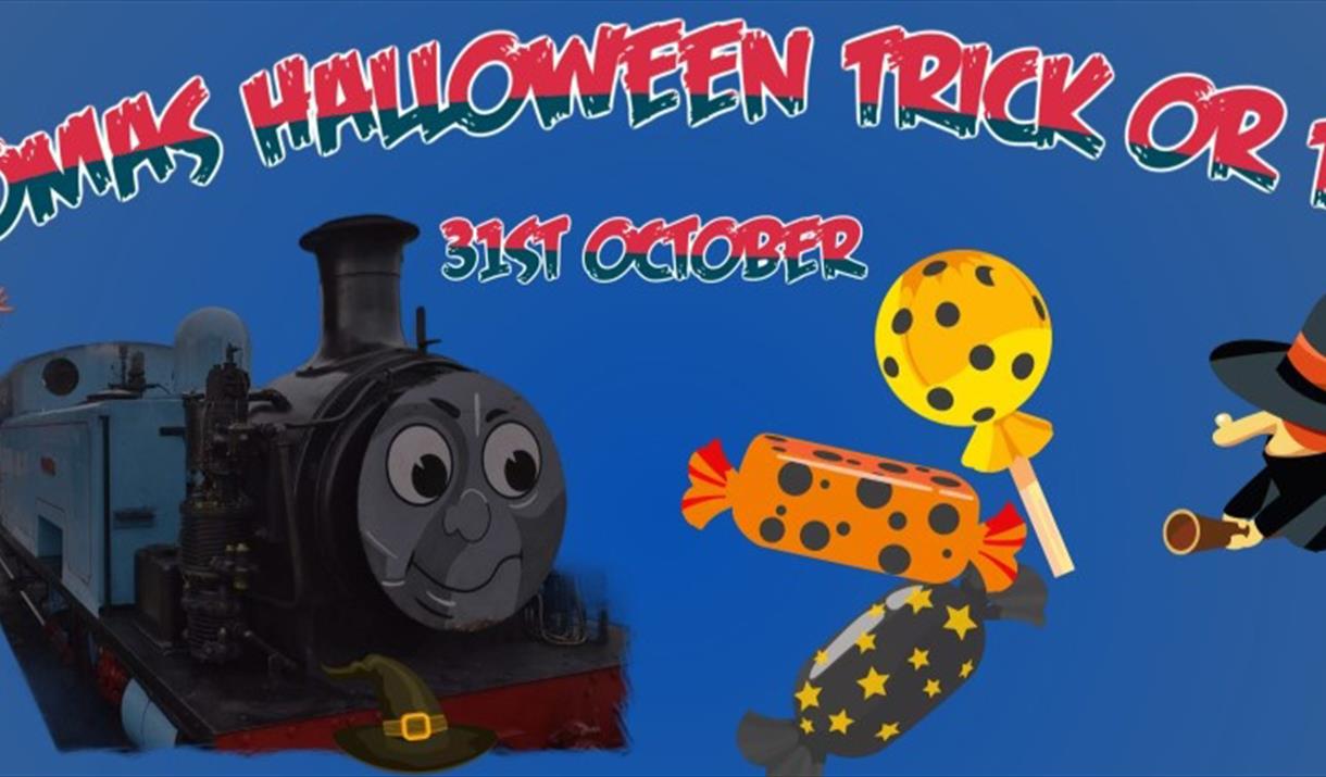 Thomas the Tank Engine and the Hocus Pocus witches against a blue background with the words 'Thomas Halloween Trick or Treat'