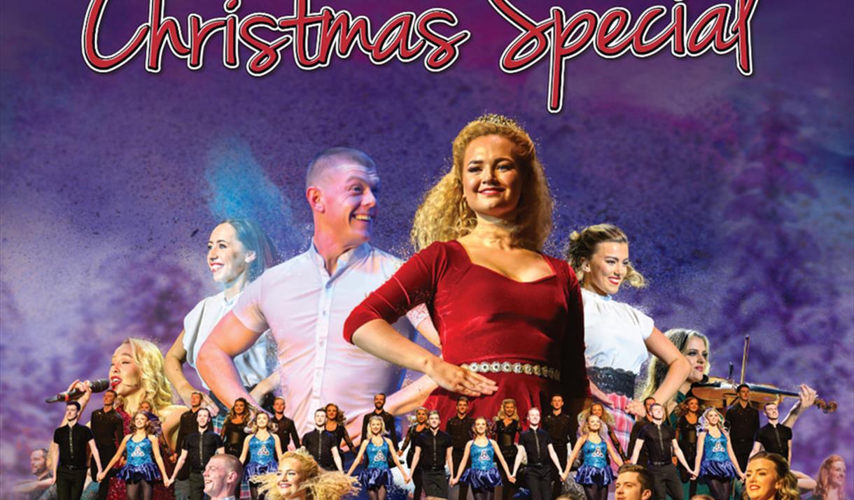 People dancing in Christmas-themed clothing on a Winter background. Text reads: The National Dance Company of Ireland, Rhythm of the Dance, Christmas