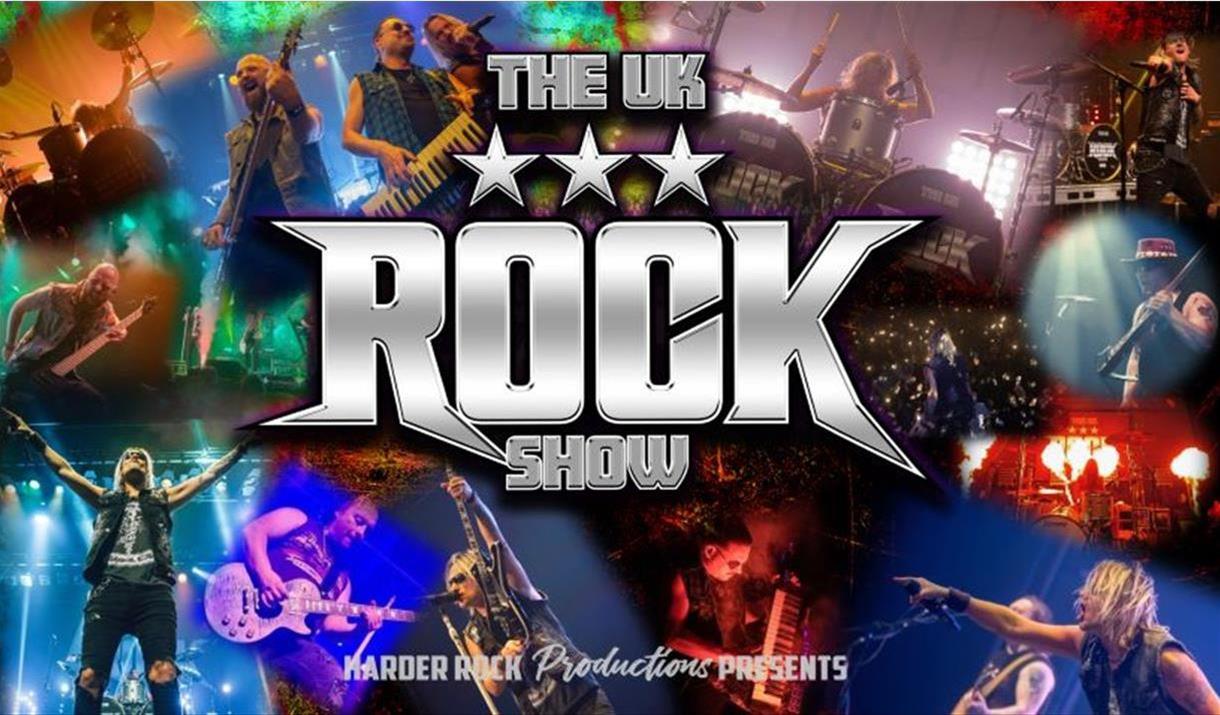 'The UK Rock Show' on a background of rock artists performing.