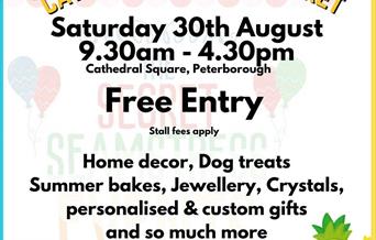 A white background with a yellow and blue border. Text reads: Cathedral Square Market, Saturday 30th August, 9.30am-4.30pm. Free entry. Home decor, do