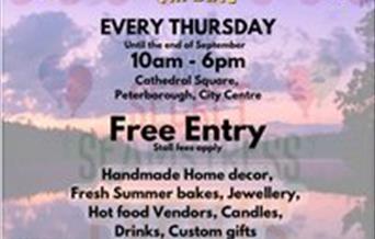Purple landscape background. Text reads: Summer Market till late every Thursday 10am-6pm. Cathedral Square, free entry. Handmade home decor, fresh sum