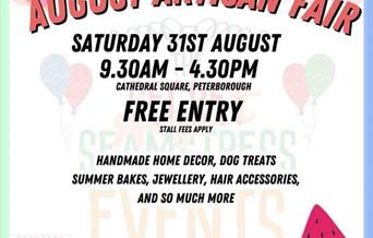 A white, green and blue background with a watermelon and flower. Text reads: August artisan fair. Saturday 31 August, 9:30am - 4:30pm, free entry.