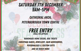 A white background with a border of Christmas tree branches. Text reads: CHRISTMAS ARTISAN FAIR SATURDAY 7TH DECEMBER 9AM-5PM
 CATHEDRAL ARCH, PETERBO
