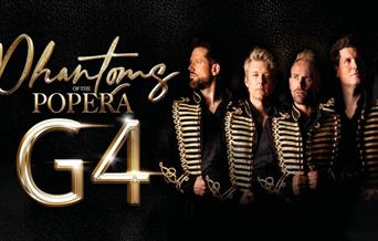 Four men in gold and black jackets. Gold writing reads 'Phantoms of the Popera, G4'