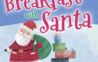 A cartoon image of Santa pulling a sleigh filled with wrapped presents on a snowy background, with the phrase 'Breakfast with Santa' filling the top o