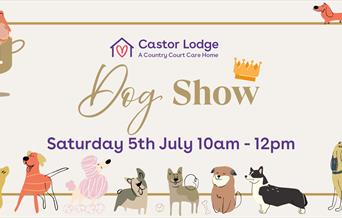 Cartoon dogs. Text reads 'Dog show Saturday 5th July 10am - 12pm'