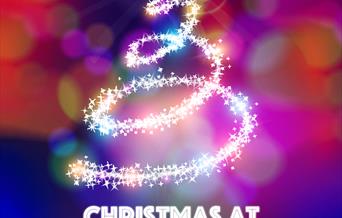 A Christmas tree made up of colourful lights, with the phrase 'Christmas at Peterborough Museum' written underneath the tree.