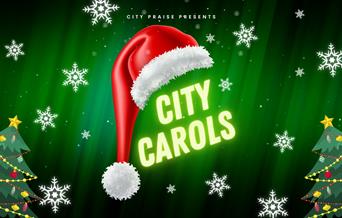 A green background with graphics of Christmas trees. The words 'city carols' are neon green under a graphic of a Santa hat.