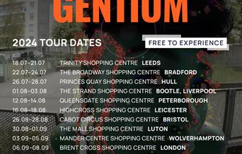 Text reads: Consensus Gentium, the film that watches you back. Tour dates are listed, with the Peterborough date being 12.08-14.08 at Queensgate Shopp