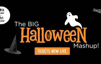 Black background with an image of a ghost. Orange writing reads: The Big Halloween Mashup! Tickets now live.