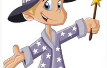 Cartoon of smiling child wizard in blue starry robes holding a wand