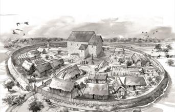 A greyscale watercolour painting of a Saxon settlement.