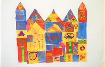 A bright collage of Peterborough Cathedral made of children's drawings.