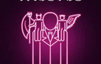 A neon pink outline of a man with a devil and an angel on each shoulder