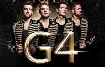 The UK's No1 vocal harmony quartet and original X Factor stars, G4, against a black background. Gold text reads 'Phantoms of the Popera G4, the bigges