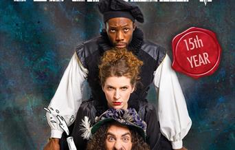 The cast of Sh!t-faced Shakespeare in a vertical row against a blue background. Text reads 'Sh!t-faced Shakespeare, Hamlet, 15th year'.