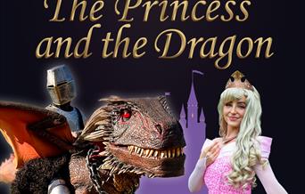 A knight riding a dragon, standing next to Princess Aurora. Against a black background with a silhouette of a purple castle, with the text 'Fairytales