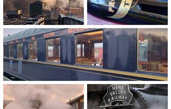 There are 5 images, 4 showing steam trains held at Nene Valley Railways surrounded by smoke and a bottle of prosecco.