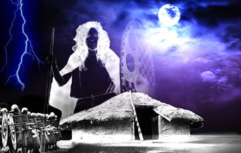 An image of Flag Fen in the dark with lightning and a ghostly figure in the background