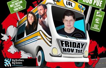 An image of the comedians performing, inside a cartoon bus. Text reads: The Great Canadian Comedy Caravan - laugh your face off with television writer
