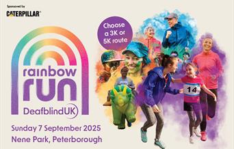 Images of people covered in colourful powder doing the Rainbow Run. Text reads: Rainbow Run, Deafblind UK, Sunday 7 September 2025 Nene Park, Peterbor