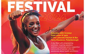 Image of a woman in gym gear smiling on an orange and pink background. Text reads: Female fitness festival 2024.
