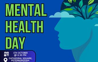 Blue background with a graphic of a head with a plant growing from it. Text reads: World Mental Health Day