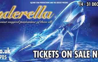 An image of a glass slipper. Text reads: Cinderella, tickets on sale now! 14-31 December 2024. Cresset.co.uk.