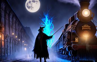 Wizard pointing his wand to a train