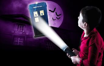 A child pointing a torch at the TARDIS, which flies in front of the Peterborough Museum.