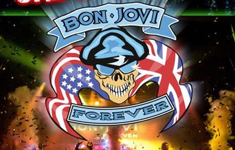 Bon Jovi Forever performing on stage, with their logo (a skull in sunglasses and a hat against the American flag and Union Jack) in the middle of the