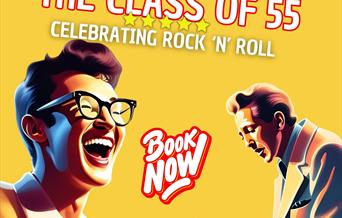 Rock 'n' Roll legends against a yellow background. Text reads 'From the producers of the Roy Orbison story, the class of 55 celebrating rock 'n' roll.