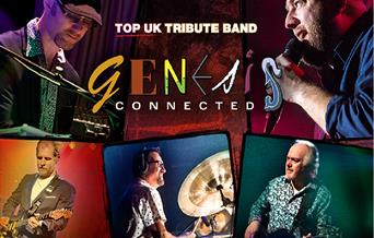 An image of 70s performers as the background. Text reads: Top UK tribute band, Genesis Connected'.