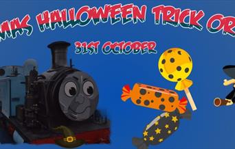 Thomas the Tank Engine and the Hocus Pocus witches against a blue background with the words 'Thomas Halloween Trick or Treat'