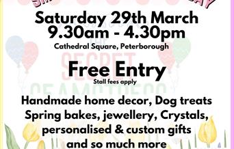 Balloons against a white background. Text reads 'Small Business Saturday, Saturday 29th March, 9.30am-4.30pm, Cathedral Square, Free entry, stall fees